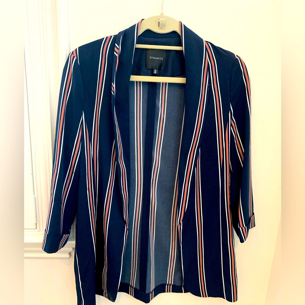Dynamite brand blazer in navy blue with pink peach pinstripes. Size small